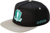 Side angle view of Clubman Pinaud black and gray snapback hat, featuring embroidered logo and branding.
