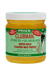 Clubman Pinaud Super Hold Styling Gel in a 16 oz. yellow jar, offering stronger hold for all-day control.