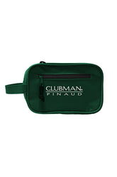 Back view of green Clubman Pinaud shave dopp bag featuring a zippered pocket and sturdy handle.