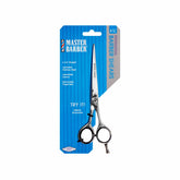 Front view of Master Barber Professional Barber Shears in retail packaging, featuring blue background and product details.