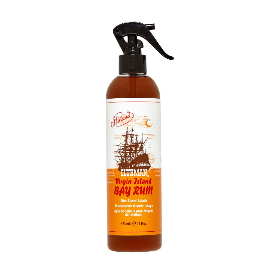 Bottle of Clubman Guzman Virgin Island Bay Rum on a white background