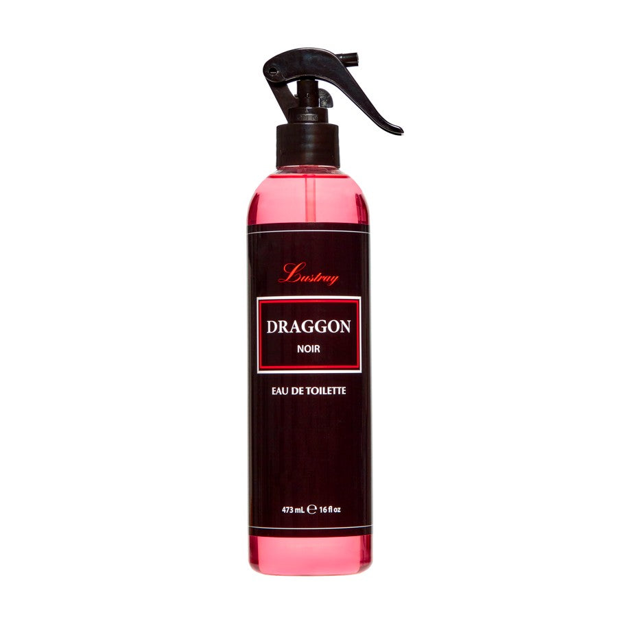 Pink Lustray Draggon Noir Barber Spray bottle with black label on a white background