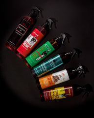 Six Barber Sprays grouped together on a white background stylized. 