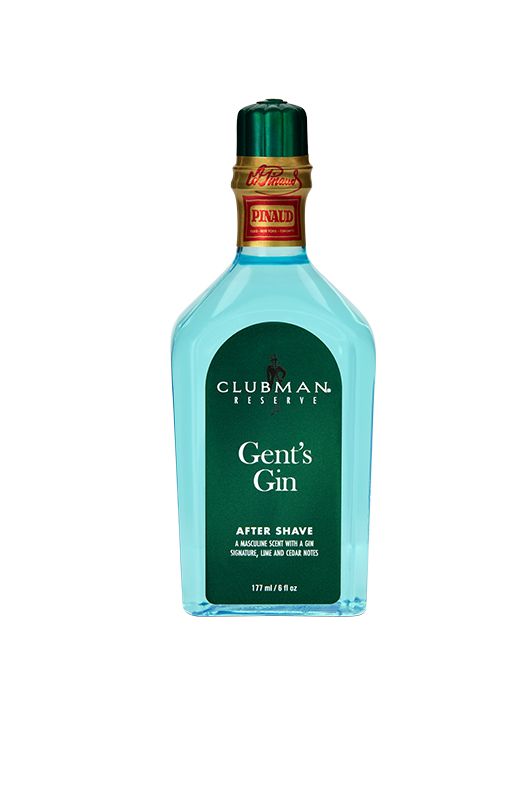 Capped 6 ounce bottle of Clubman Reserve Gent's Gin After Shave Lotion showing its turquoise-colored liquid contents