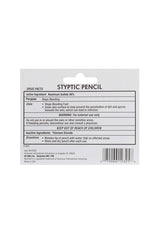 Styptic Pencil Packaging (Back) – Fast-healing solution with aluminum sulfate to quickly stop bleeding from shaving cuts.