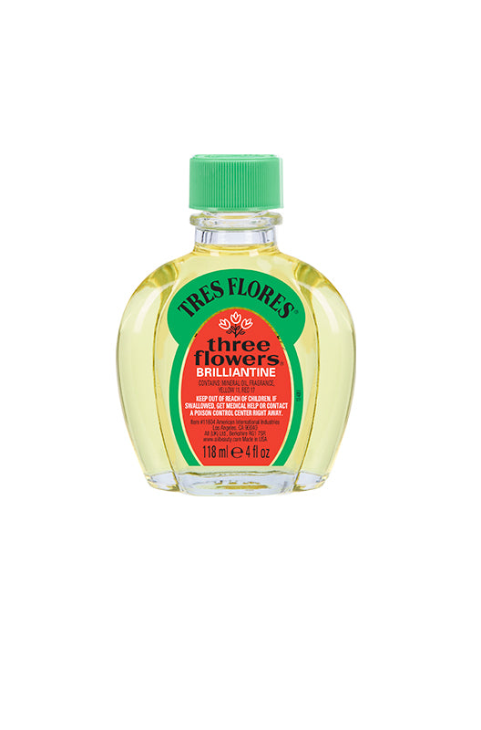 Front view of Tres Flores Brilliantine Hair Oil 4 oz. bottle, featuring green cap and product label.