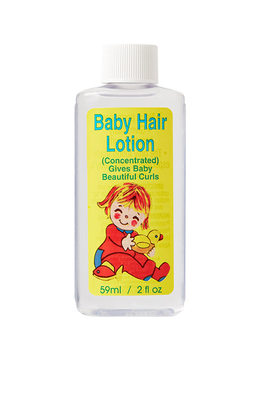 Front view of Baby Hair Lotion 2 oz. bottle, featuring yellow label with playful baby illustration.