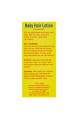 Back view of Baby Hair Lotion box, listing product benefits, directions, and ingredients.