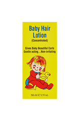 Front view of Baby Hair Lotion box, highlighting product name, features, and cute baby illustration.