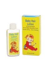 Baby Hair Lotion 2 oz. bottle and box set, featuring yellow packaging with baby illustration.