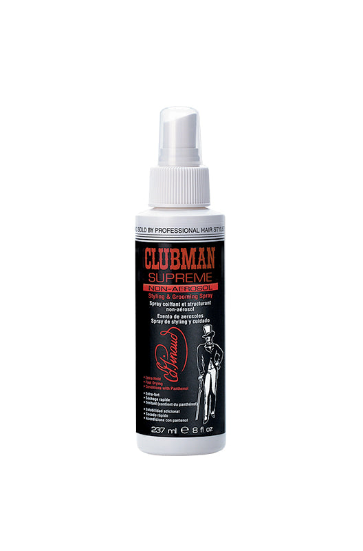 Clubman Supreme Styling & Grooming Spray in an 8 oz. bottle, non-aerosol formula for firm hold and conditioning.