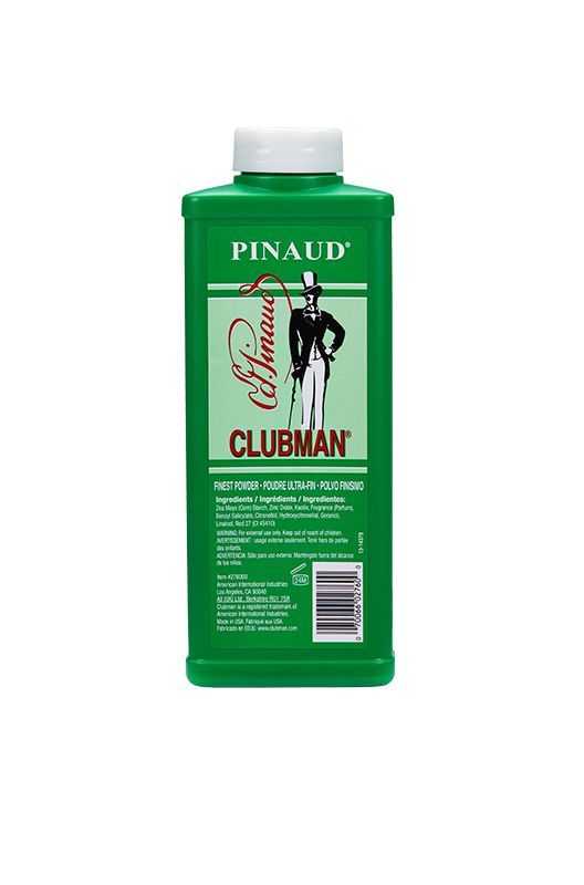 Front view of a green Clubman Finest Powder White container with white top cap