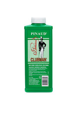 Front view of a green 9 ounce Clubman Finest Powder White container with white top cap