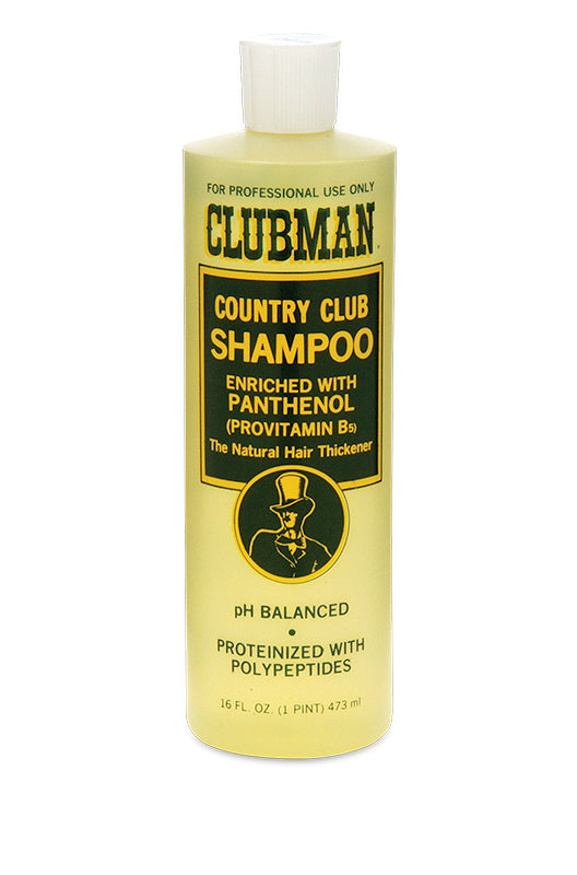 Clubman Country Club Shampoo in a 16 oz. bottle, enriched with panthenol for a natural hair-thickening effect.