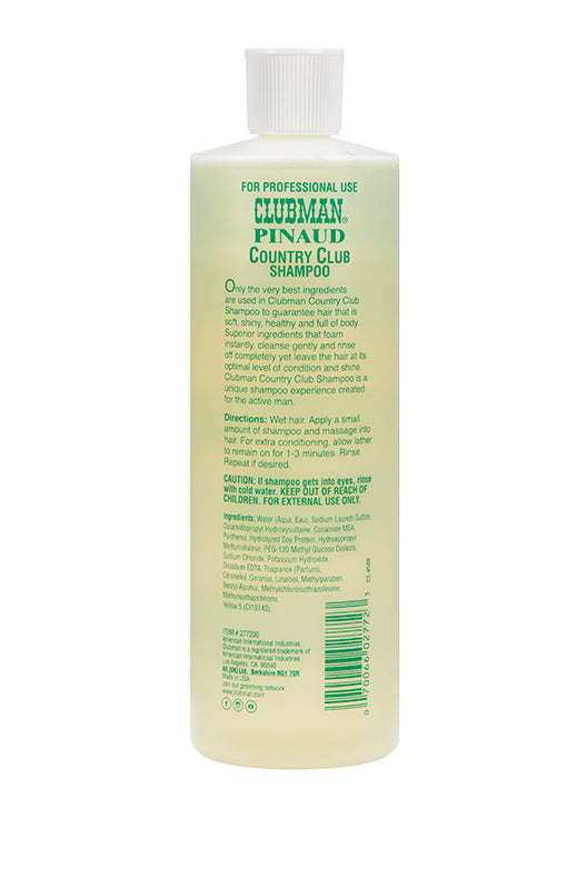 Back view of Clubman Country Club Shampoo, detailing its protein-enriched formula for professional-grade hair care.
