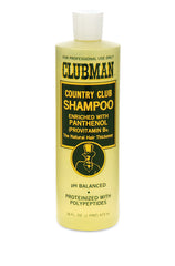 Clubman Country Club Shampoo in a 16 oz. bottle, enriched with panthenol for a natural hair-thickening effect.