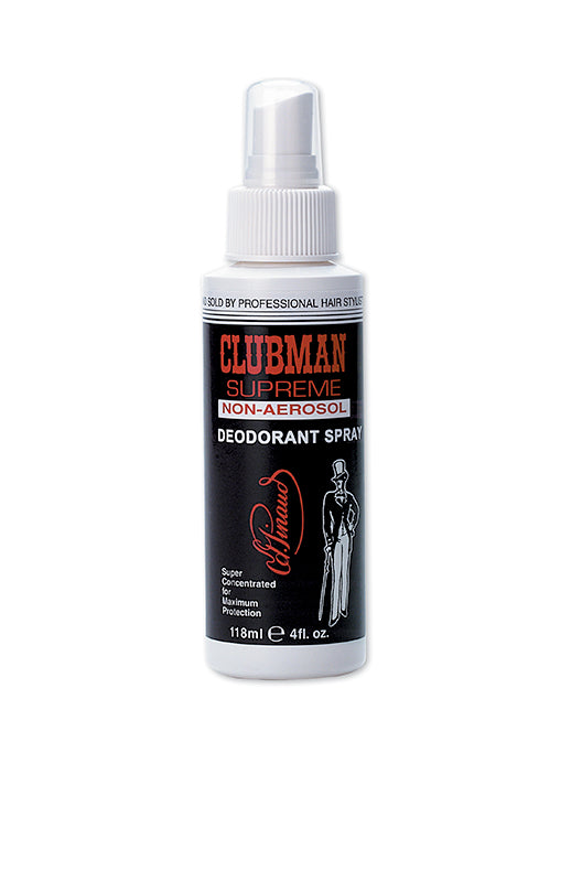 Clubman Supreme Non-Aerosol Deodorant Spray in a white bottle, providing long-lasting odor protection with a clean scent.