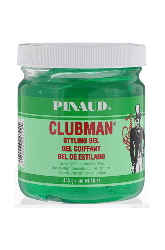 Clubman Pinaud Styling Gel in a 16 oz. green jar, formulated for men to provide strong hold and a natural look.