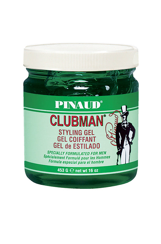 Clubman Pinaud Styling Gel front view, a professional-grade styling gel for men’s daily hair care routine.