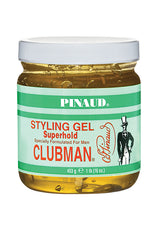 Clubman Pinaud Superhold Styling Gel in a 16 oz. yellow jar, alcohol-free formula for extra hold and shine.