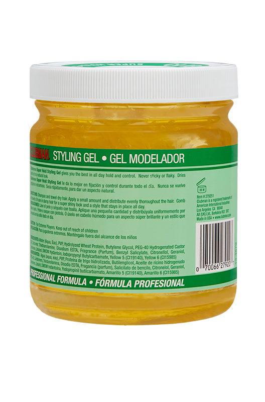 Back view of Clubman Pinaud Super Hold Styling Gel, highlighting its non-sticky, flake-free formula.