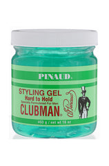 Clubman Pinaud Hard to Hold Styling Gel in a 16 oz. jar, formulated for firm hold and long-lasting style.