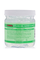 Back view of Clubman Pinaud Super Clear Styling Gel, featuring extra hold, alcohol-free formula, and non-flaking benefits.