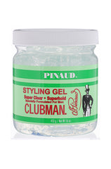 Clubman Pinaud Super Clear Styling Gel in a 16 oz. jar, designed for a crystal-clear, superhold finish.