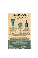 Back view of Clubman Pinaud beard kit box detailing product benefits and ingredients for beard conditioning.