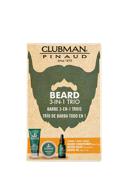 Front of Clubman Pinaud beard 3-in-1 grooming kit box with bold typography and a graphic beard illustration.