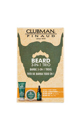 Front of Clubman Pinaud beard 3-in-1 grooming kit box with bold typography and a graphic beard illustration.