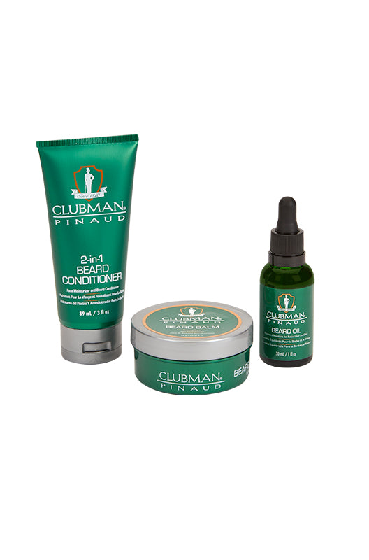 Clubman Pinaud beard care trio featuring conditioner, balm, and oil for a complete grooming routine.