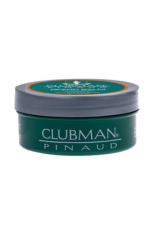 Clubman Beard Balm in a green tin with a gray lid, conditioning style wax for taming and nourishing beards.