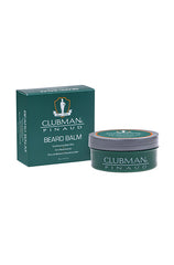 Clubman Beard Balm in a green tin with its box, moisturizing and shaping wax for a soft, well-styled beard.