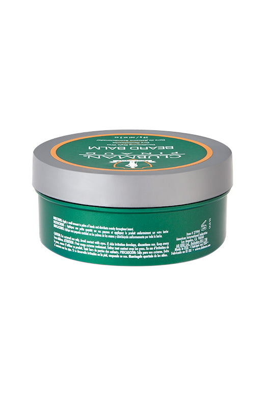 Clubman Beard Balm tin showing back label with product details, ingredients, and instructions.
