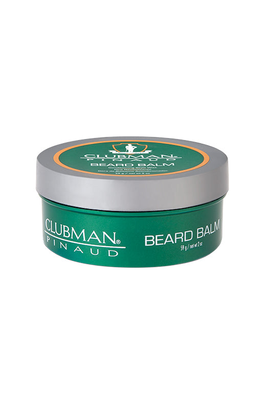 Clubman Beard Balm tin side view, highlighting branding, product name, and essential features.
