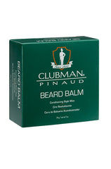 Angled view of Clubman Beard Balm in a green box, conditioning wax for beard care, providing moisture and light hold.