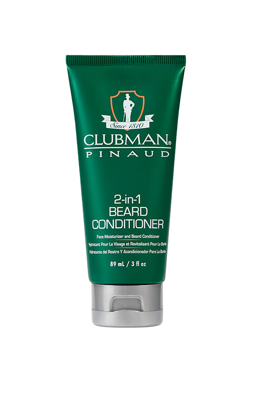 Clubman 2-in-1 Beard Conditioner in a green tube, hydrates and softens facial hair while moisturizing the skin.