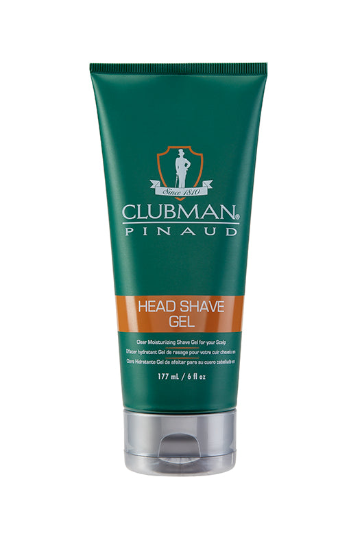 Clubman Pinaud Head Shave Gel in a green tube, a clear moisturizing formula designed for a smooth, irritation-free scalp shave.