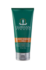 Clubman Pinaud Head Shave Gel in a green tube, a clear moisturizing formula designed for a smooth, irritation-free scalp shave.