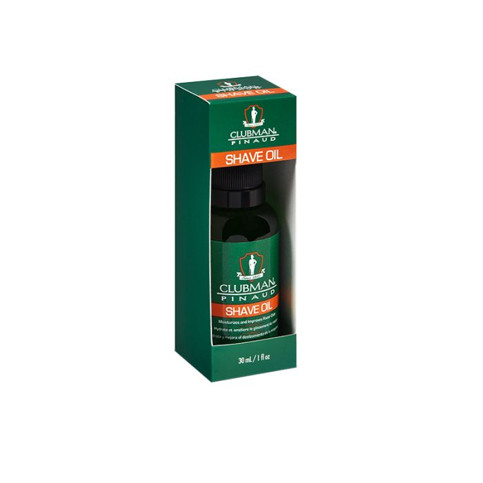 Clubman Shave Oil in Box - Hydrating shave oil for a smooth glide, reducing razor drag and irritation, packed in a sleek green box.