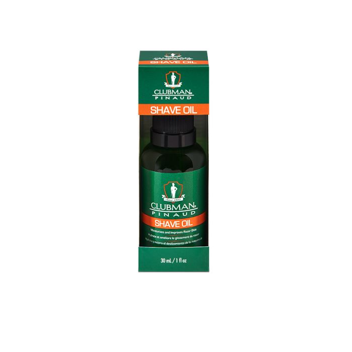 Clubman Shave Oil in Box - Moisturizing pre-shave oil in a sleek green box, formulated for better razor glide and reduced irritation.
