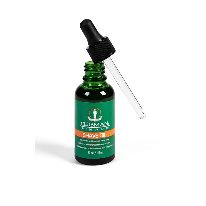 Clubman Shave Oil with Dropper - Hydrating shave oil in a green bottle with a dropper for smooth razor glide and skin moisture.