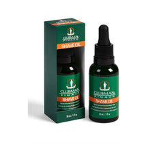 Clubman Shave Oil - Bottle & Box - Moisturizing pre-shave oil in a green bottle with dropper, enhances razor performance and skin hydration.