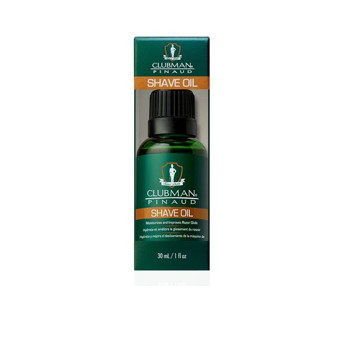 Clubman Shave Oil - Front Packaging - Nourishing pre-shave oil in a green bottle, hydrates skin and improves shaving comfort.