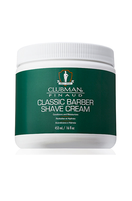 Clubman Classic Barber Shave Cream in a 16 oz. tub, front view showcasing premium packaging.