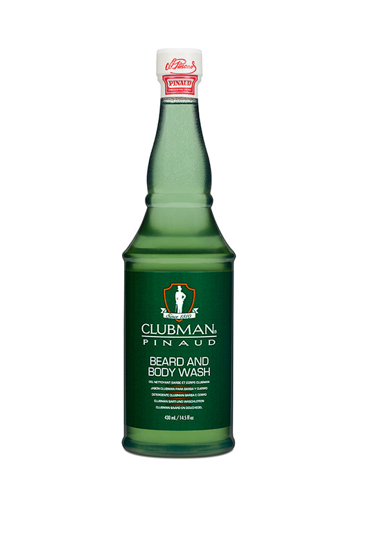 Clubman Pinaud Beard and Body Wash in a 16 oz. bottle, deep-cleansing formula for beard, hair, and skin hydration.