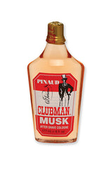 Front view of a 6 ounce bottle of Clubman Pinaud After Shave Cologne Musk with white, red, & black themed label