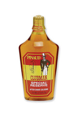 Front view of a 6-ounce bottle of Clubman Special Reserve After Shave Cologne showing its brandy colored liquid contents