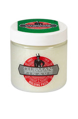 Front view of a 4 ounce container of Clubman Molding Paste with red, black, white, & grey themed brand label